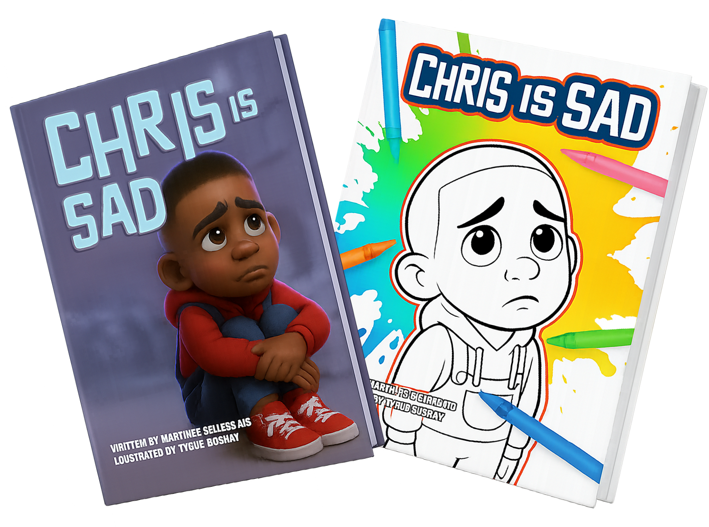 Two books titled "Chris is Sad." The first book features an animated character of a young boy with a sad expression, sitting with arms crossed, wearing a red hoodie, blue jeans, and red sneakers. The second book is a coloring book with a black-and-white drawing of the same sad boy character, surrounded by colorful markers. The background of both covers is minimal and plain.