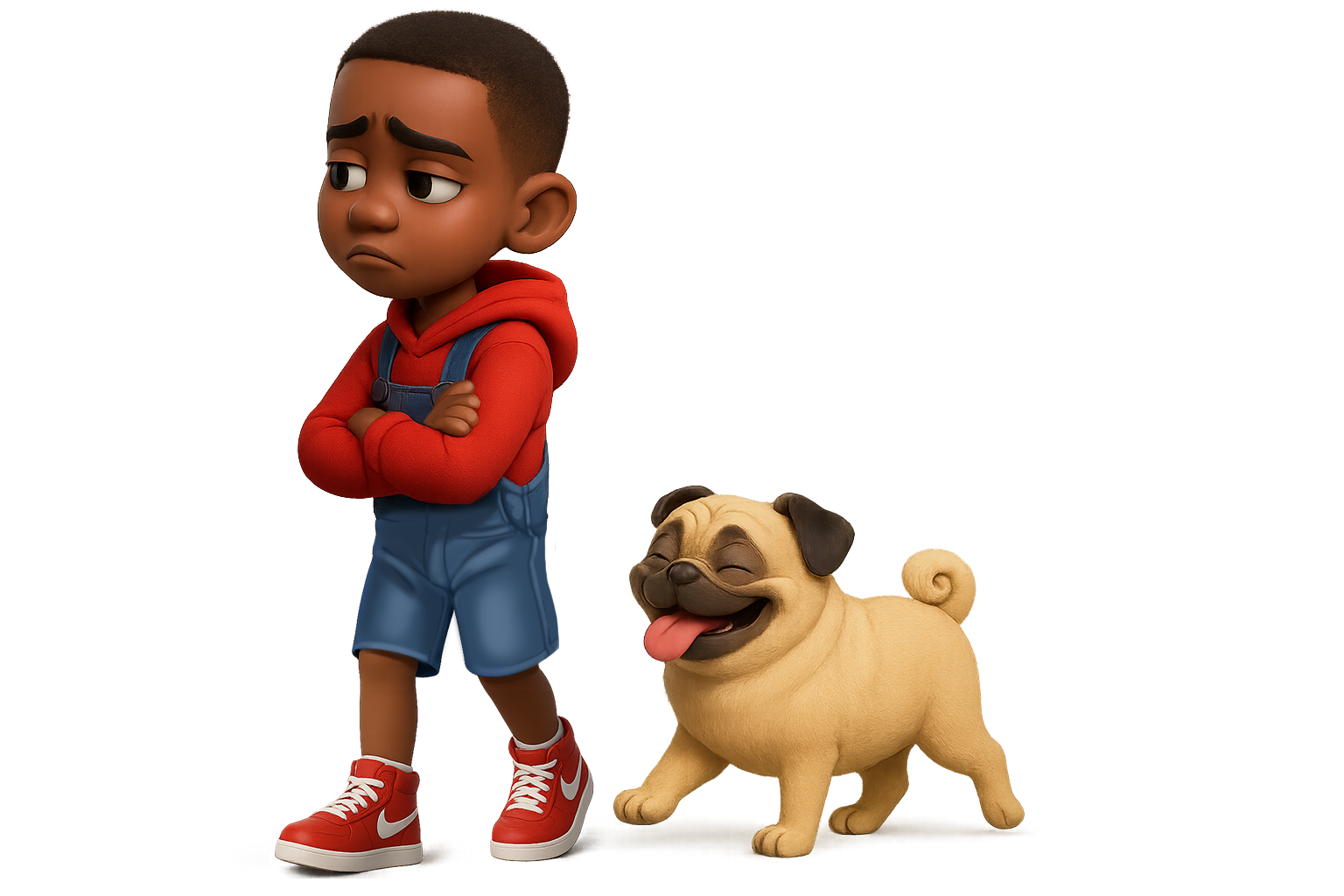 Animated boy with crossed arms standing next to a smiling pug dog with tongue out.
