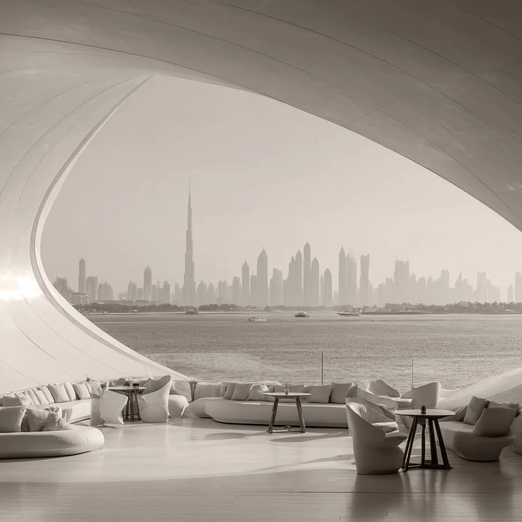 Dubai skyline viewed through curved architectural frame with luxury seating.