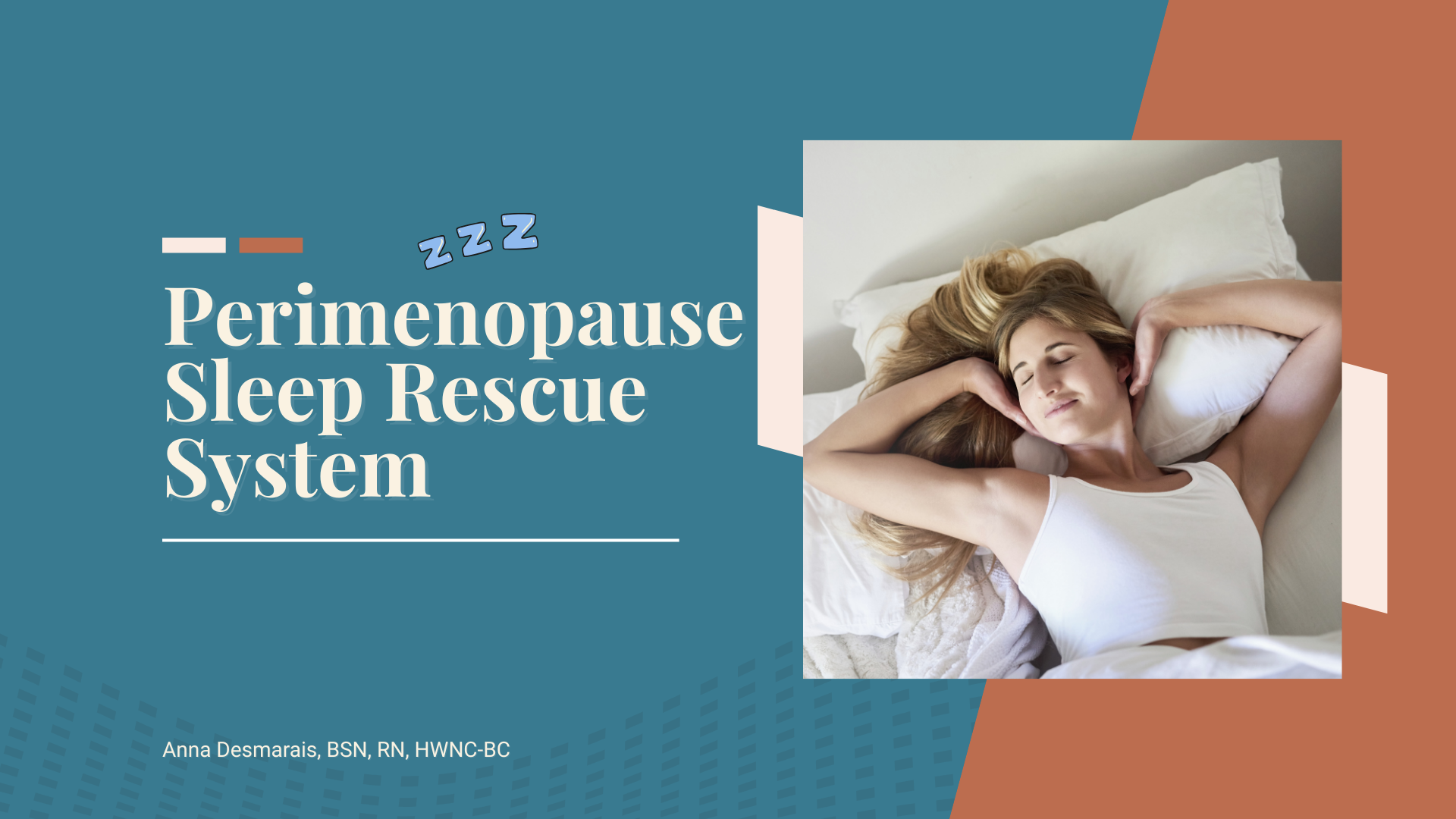 A woman with long wavy blond hair lies in bed with her eyes closed, resting her head on a pillow and her hands behind her head.