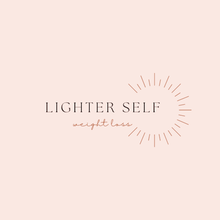 Minimalist graphic with light pink background, text says "Lighter Self" in large font, "weight loss" in smaller cursive, and a sunburst design around part of the text.