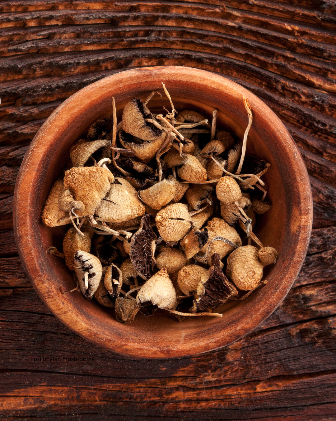 Dried Psilocybin mushrooms in a wooden bowl on a rustic wooden surface.