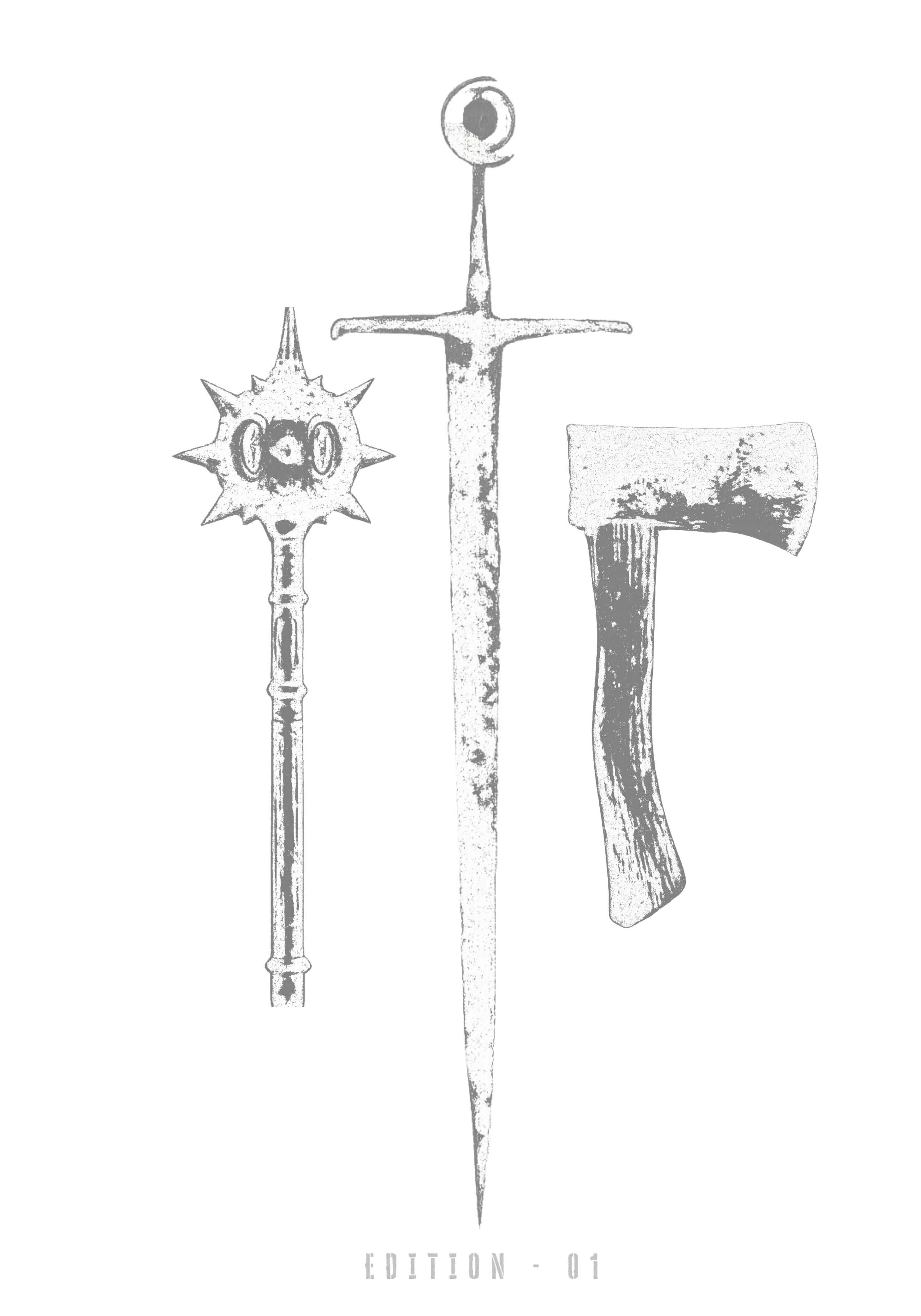 Illustration of a spiked mace, a sword, and an axe, labeled 'Edition - 01' at the bottom.