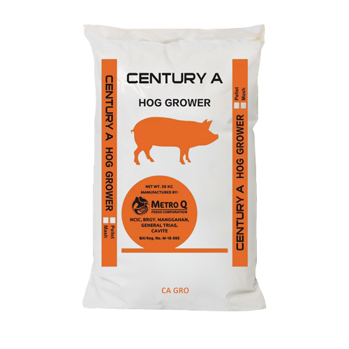 Bag of Century A hog grower feed with an orange pig logo and text, manufactured by Metro Q.