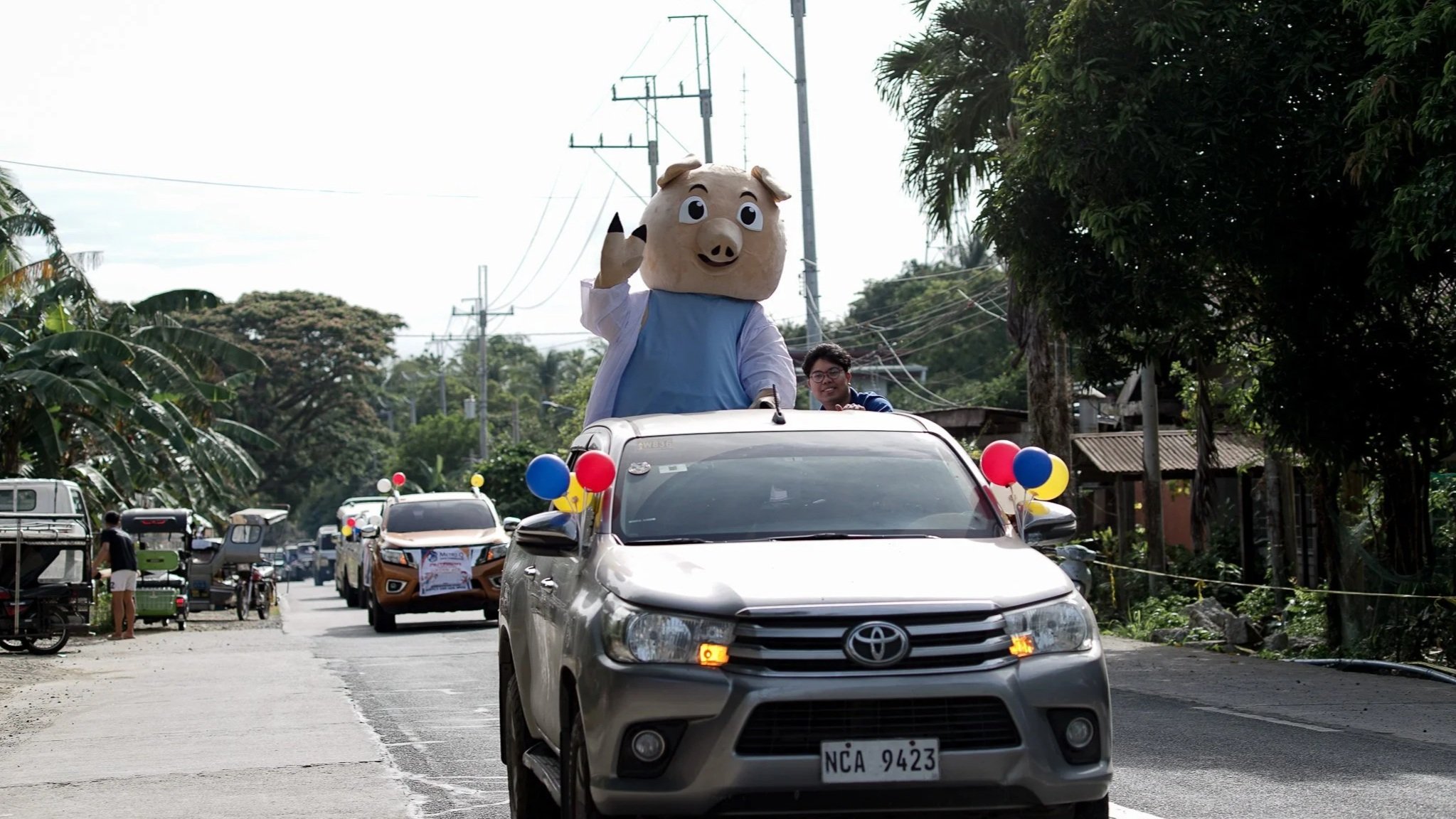 A man in a costume with a pig face costume on top of a moving car during a parade, with other vehicles and people along the street.