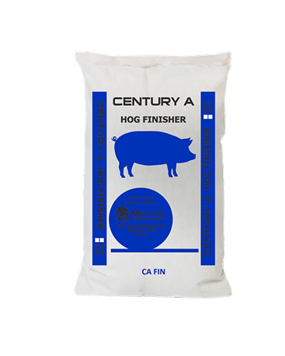 A white bag of Century A Hog Finisher feed with blue text and graphic of a pig, manufactured by Metro Q Feeds Corporation, labeled for 50 kg net weight and specific location details.