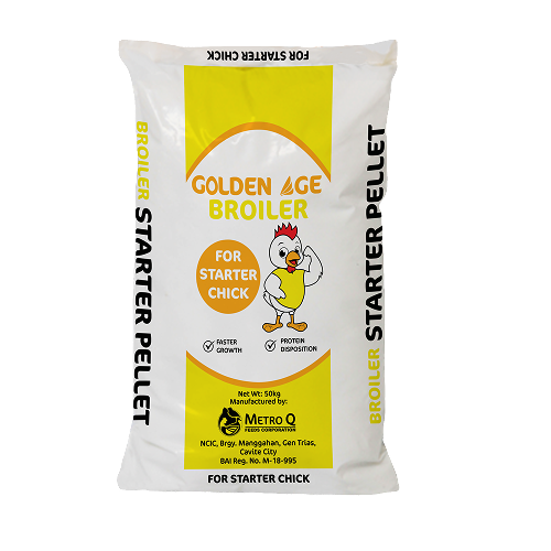 Bag of Golden Age Broiler for Starter Chick from Metro Q with chicken illustration and product details.