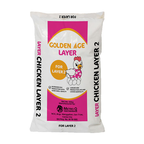 Package of Golden Age Layer Chicken Laver 2 chicken feed with a cartoon hen illustration on the front.