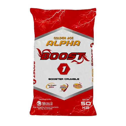 Red and white bag of Golden Age Alpha Boost 1 booster crumbs, containing 50 kg, with lightning graphics and product details.
