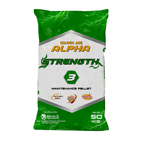 Green and white package of Golden Age Alpha Strength 3 maintenance pellets, weighing 50 kg, manufactured by Metro Q, with icons indicating high nutrient content, immune support, and advanced protein.