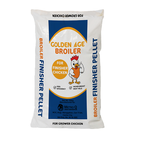 Bag of Golden Age Broiler Finisher Pellets for grower chickens with a cartoon chicken illustration on the front.