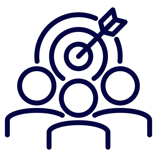 Icon of a target with an arrow hitting the bullseye above a group of three people.