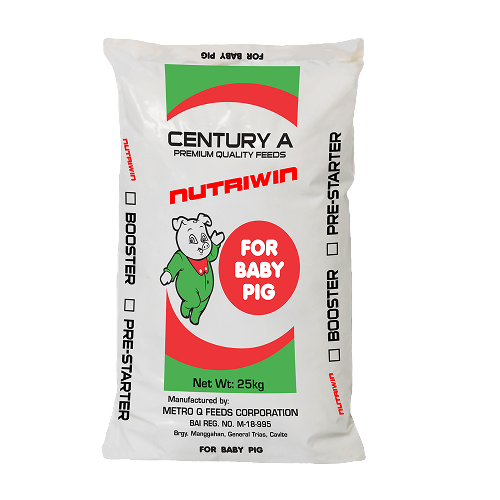 White bag of Century A Nutriwin pig starter feed for baby pig, 25kg, with a cartoon pig illustration and green and red accents.