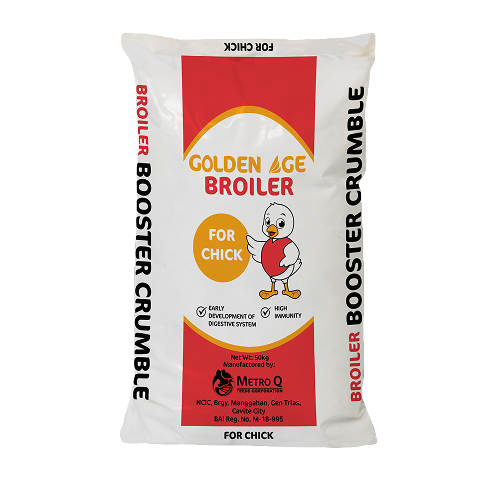 A bag of Golden Age Broiler, a poultry booster crumble for chicks, with a cartoon duck on the front.