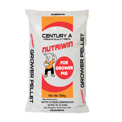 A 50-kilogram bag of Century A Nutriwim grower pellet pig feed, manufactured by Metro Q Feeds Corporation, featuring cartoon pig illustration on the front.