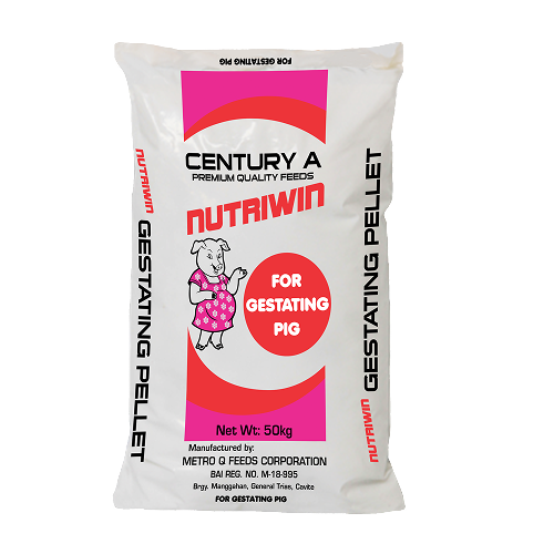 A 50 kg bag of Nutriwin for gestating pigs by Century A, with a cartoon pig illustration on the front.