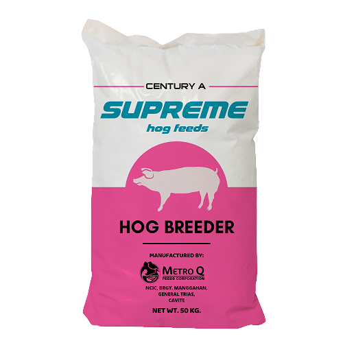A 50 kg bag of Century A Supreme hog feed for hog breeders, manufactured by Metro Q Feeds Corporation.