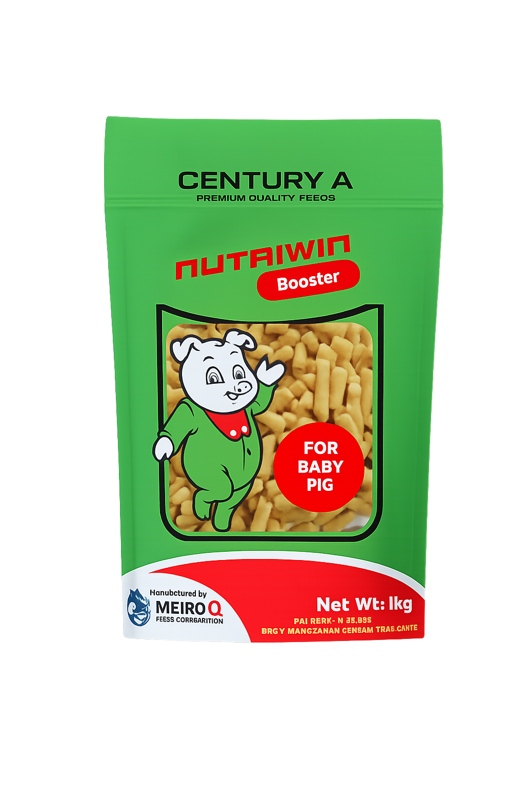 Green packet labeled 'Century A Premium Quality Fees' with a cartoon pig and text 'For Baby Pig'. Contains small pellet feed and indicates a net weight of 1 kilogram.