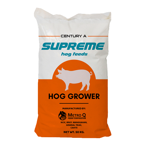 White and orange bag of Century A Supreme Hog Feeds Hog Grower.