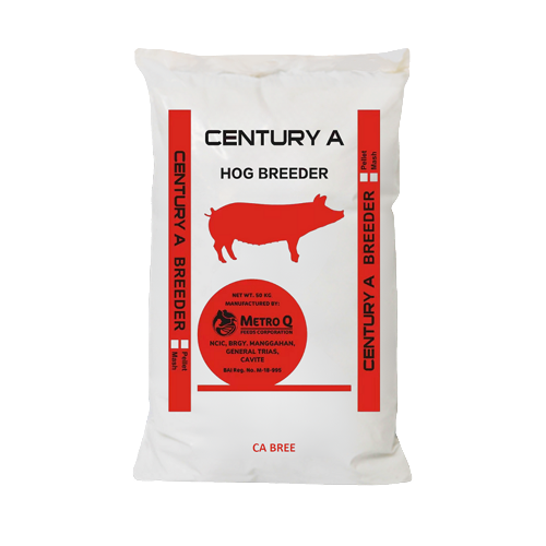A white bag of Century A Hog Breeder animal feed with red and black markings, featuring a silhouette of a pig, manufactured by Metro Q, and labeled for the CA breed.