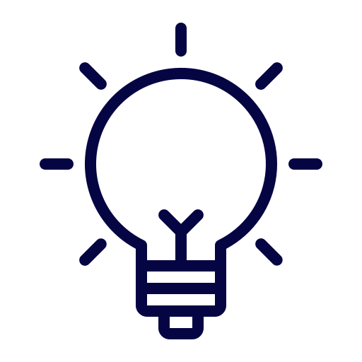 A line drawing of a light bulb with rays of light emitting from it, symbolizing an idea or innovation.