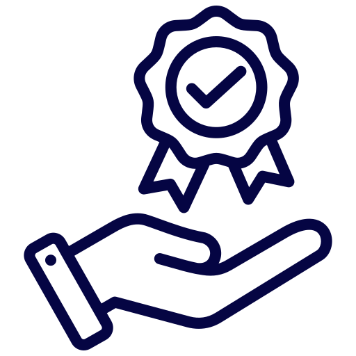 A hand holding a badge or seal with a checkmark inside.