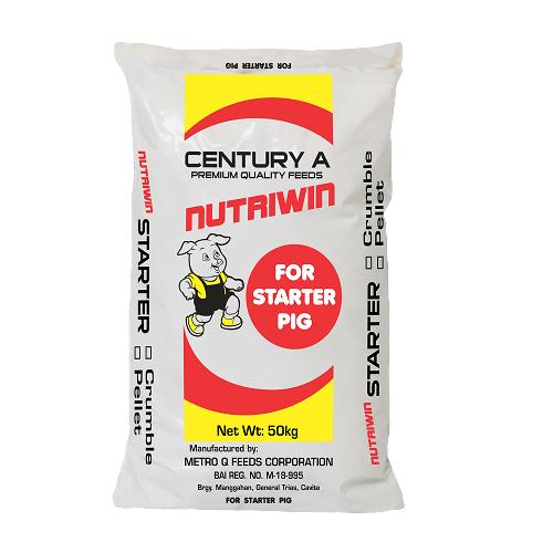 A 50kg bag of Century A Nutriwin starter pig feed, featuring a cartoon pig mascot and bold red, yellow, and white packaging design.