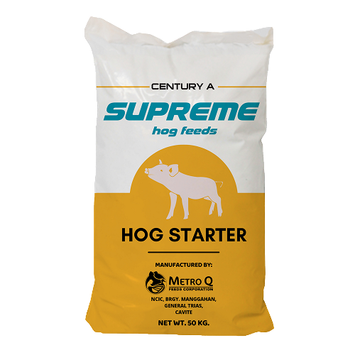 A 50 kg bag of Supreme hog starter feed manufactured by Metro Q Feeds Corporation, with a white and yellow design and a pig illustration on the front.