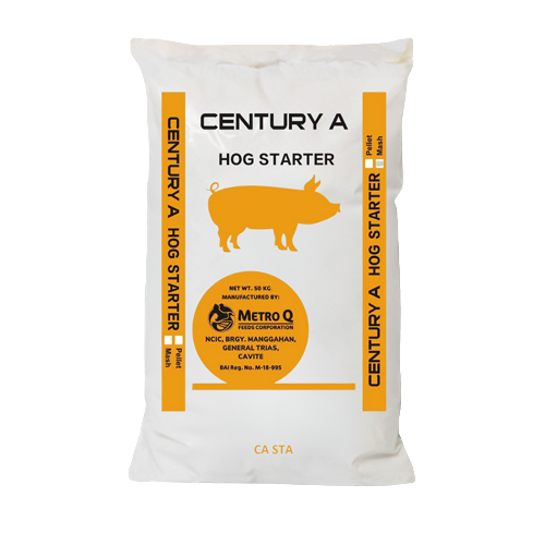 Bag of Century A hog starter feed with orange pig illustration and black text.