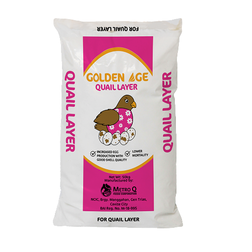 Packaging of quail layer feed with a cartoon quail illustration in the center, labeled 'Golden Age Quail Layer,' with additional information about egg production and manufacturer details.