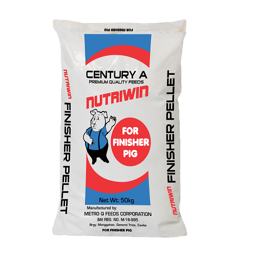 50kg bag of Century A Nutrwiin for Finisher Pig, pig feed pellets, manufactured by Metro Q Feeds Corporation in the Philippines.