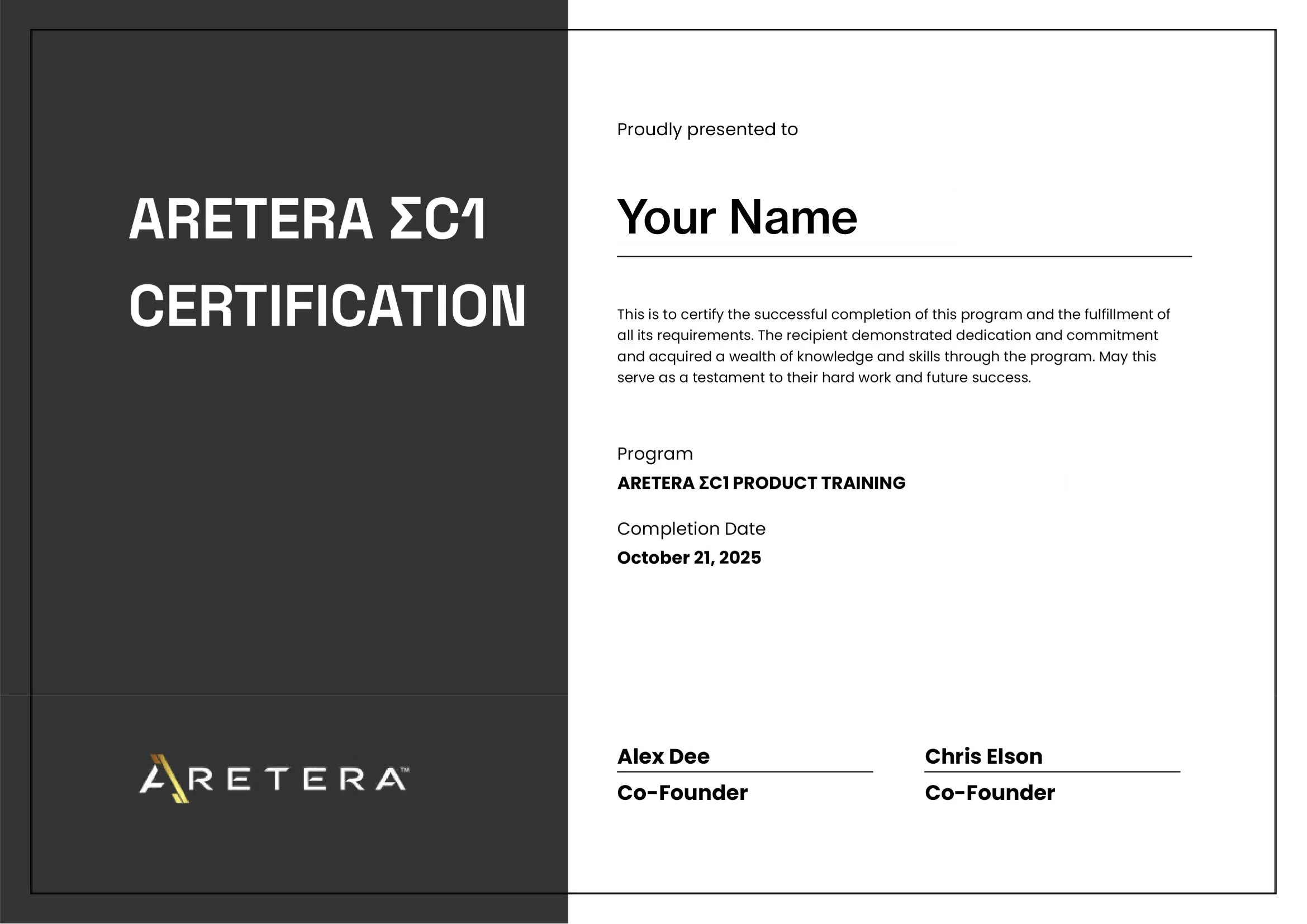 Aretera training module certificate