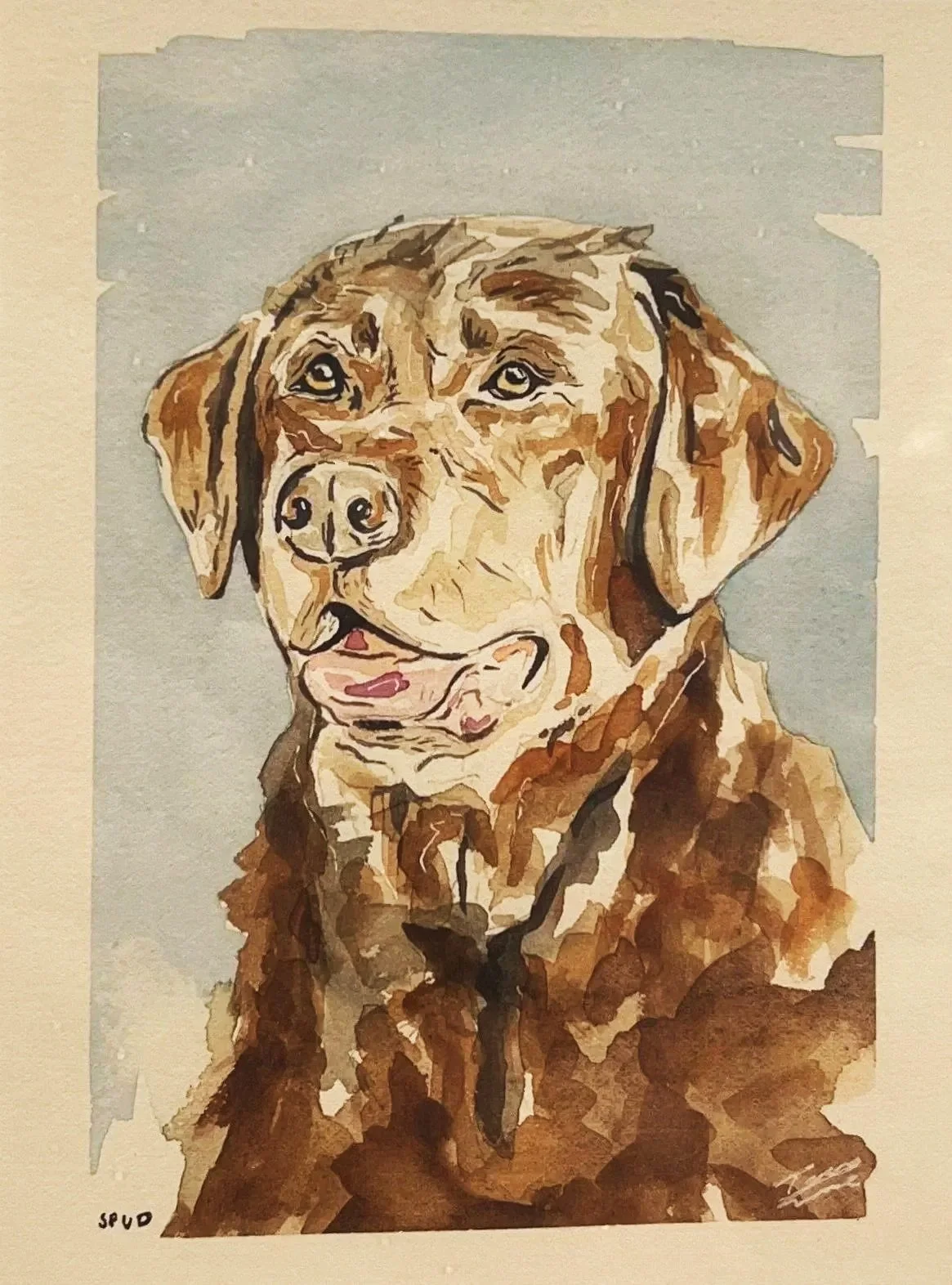 Watercolor painting of a brown dog with floppy ears and a gentle expression.
