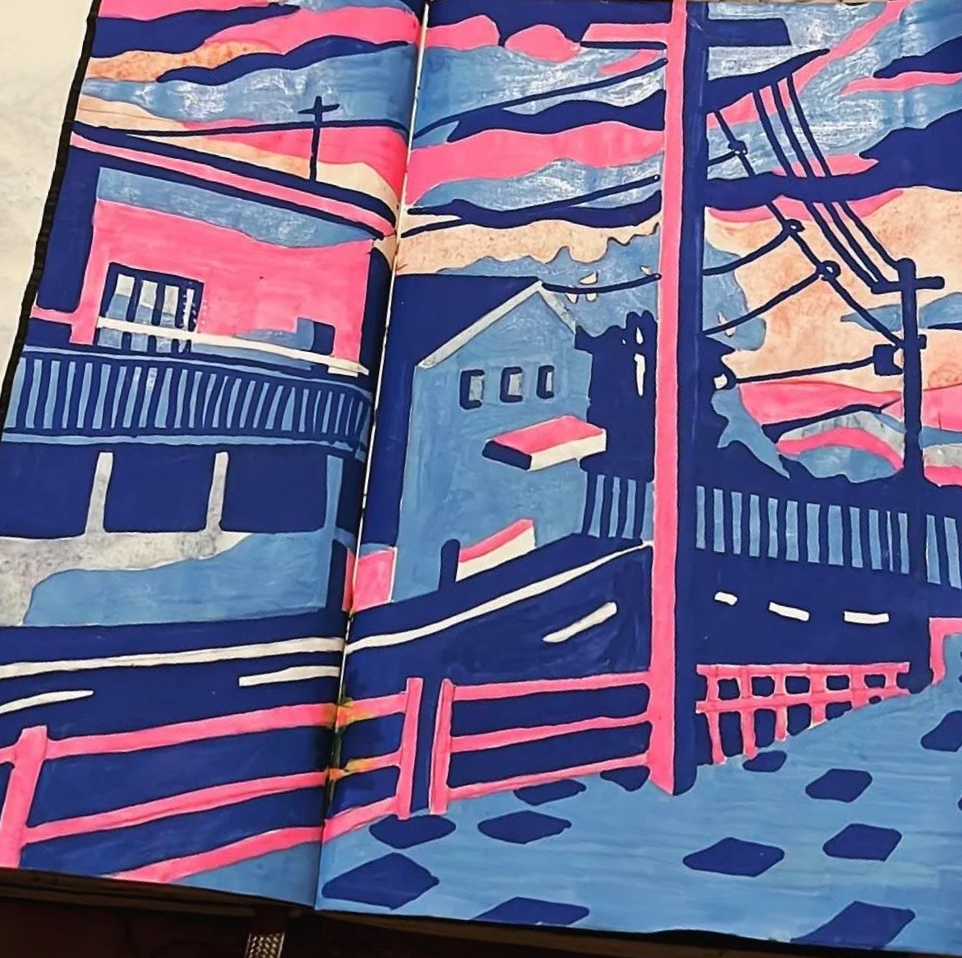 Painting of a neighborhood scene with houses, power lines, fences, and a colorful sky in shades of pink, blue, and purple.