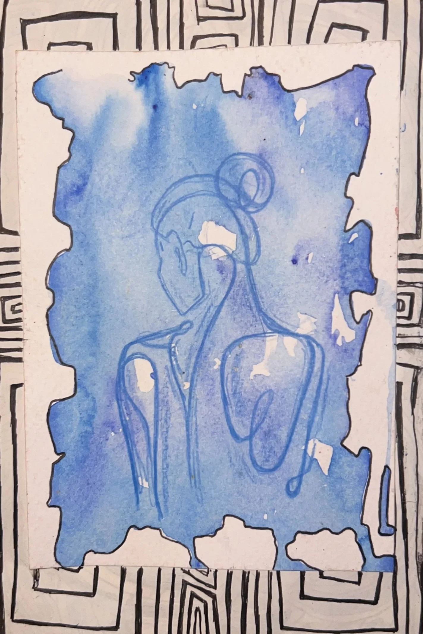 A piece of artwork features a watercolor painting of a face with glasses and curly hair, surrounded by a black outline and overlaid on a blue background with some white specks. The artwork is placed on a background with black geometric patterns.