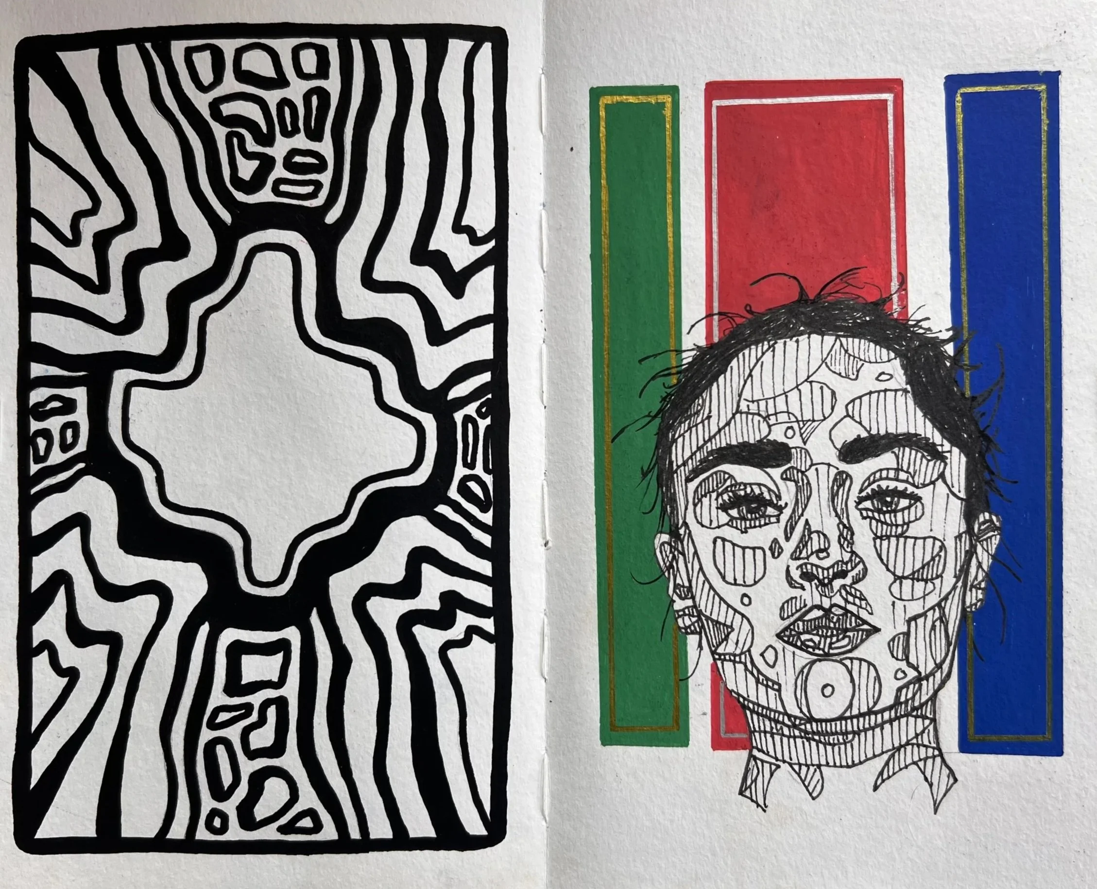 Black and white abstract drawing with bold, irregular lines next to a colorful, outlined portrait of a woman with curly hair and a serious expression, set against a background with red, green, and blue vertical stripes.