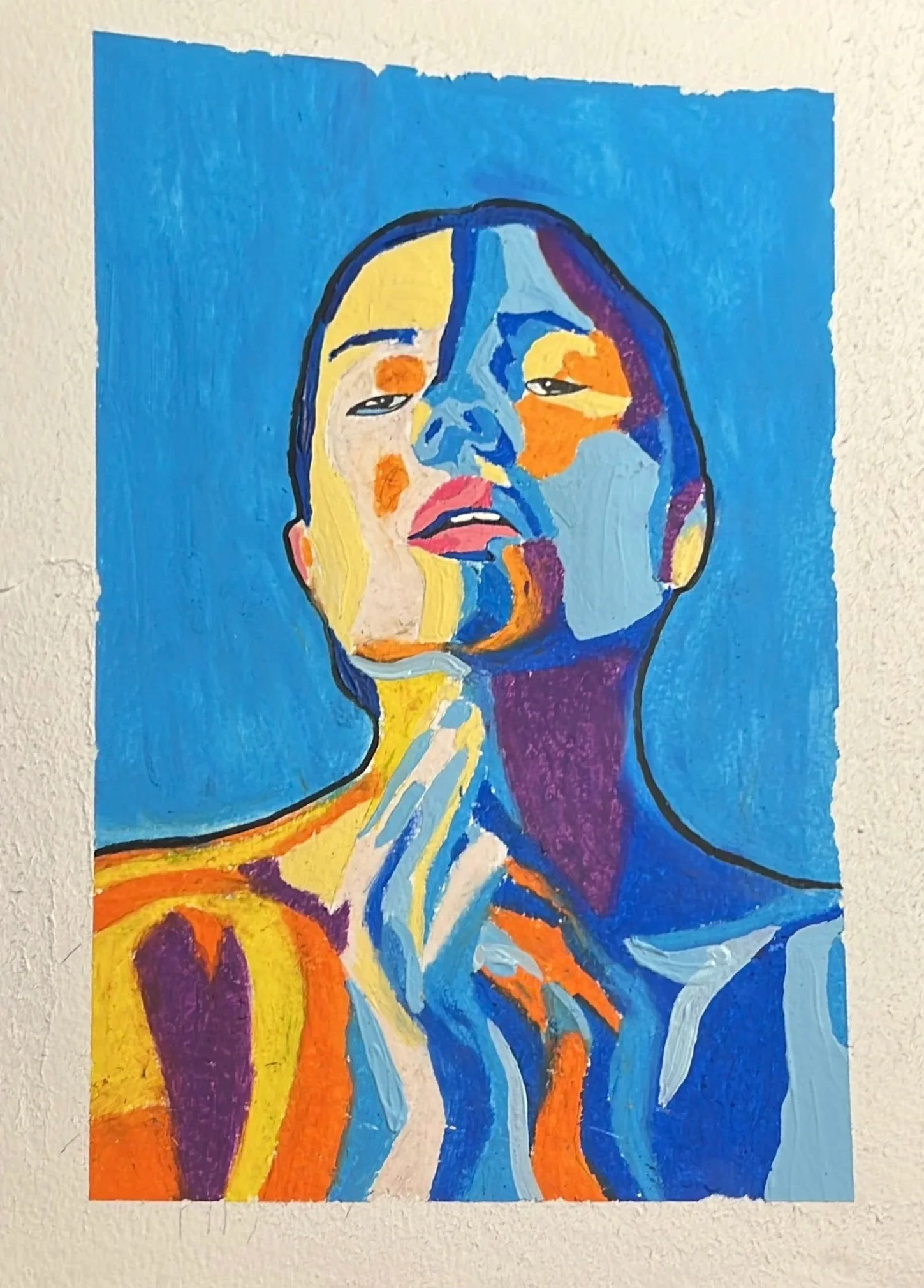 Colorful abstract portrait of a woman with short hair, painted in vibrant blue, orange, yellow, purple, and pink hues.