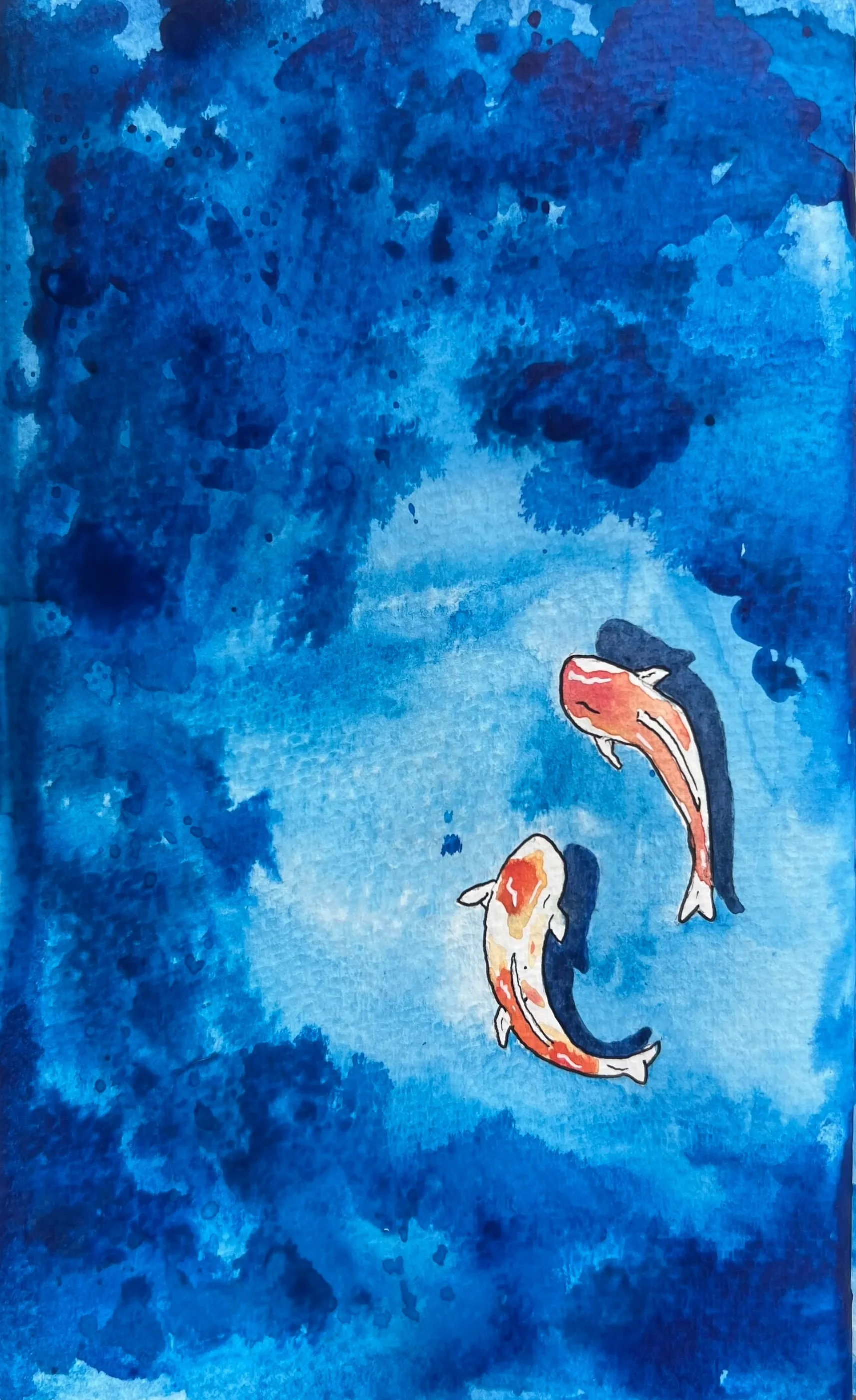 Watercolor painting of two koi fish swimming in blue water.