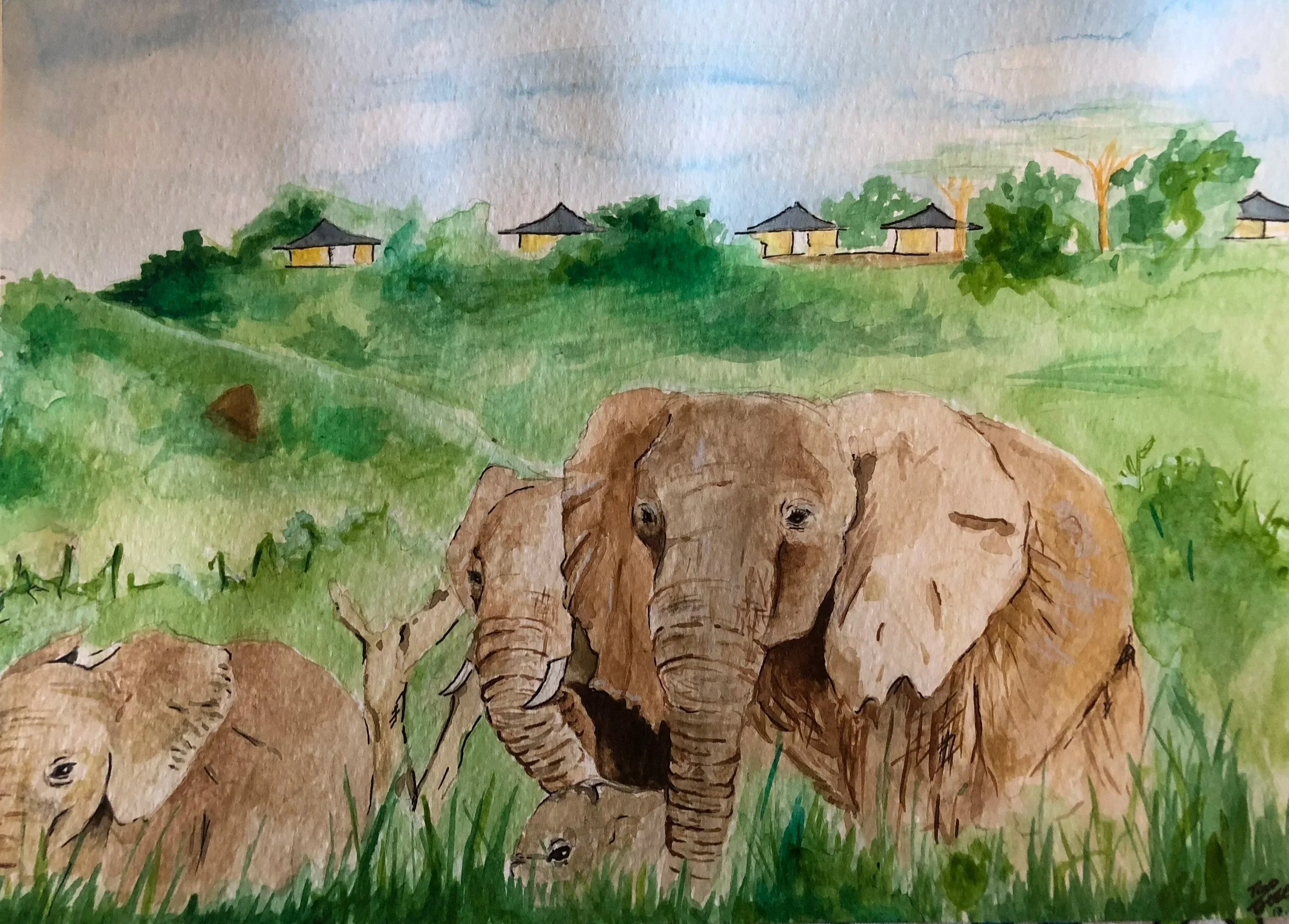 Watercolor painting of two elephants in a lush green landscape with trees and small houses in the background.