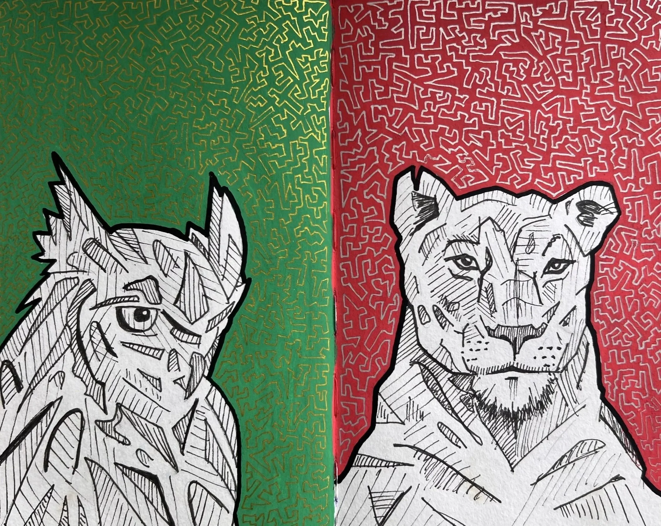 Black and white sketch of a wolf, with half of the image having coloring in green and red background with yellow and white maze-like patterns.