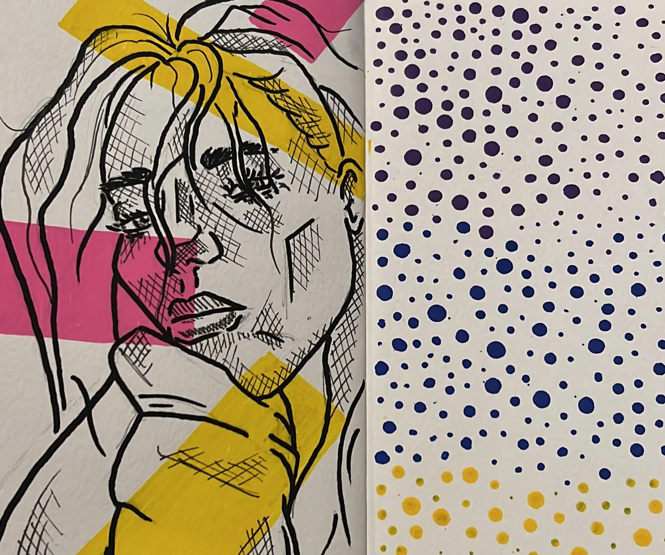 A colorful abstract drawing of a woman with long hair, with black line art and filled with yellow and pink sections, on a background featuring a polka dot pattern.