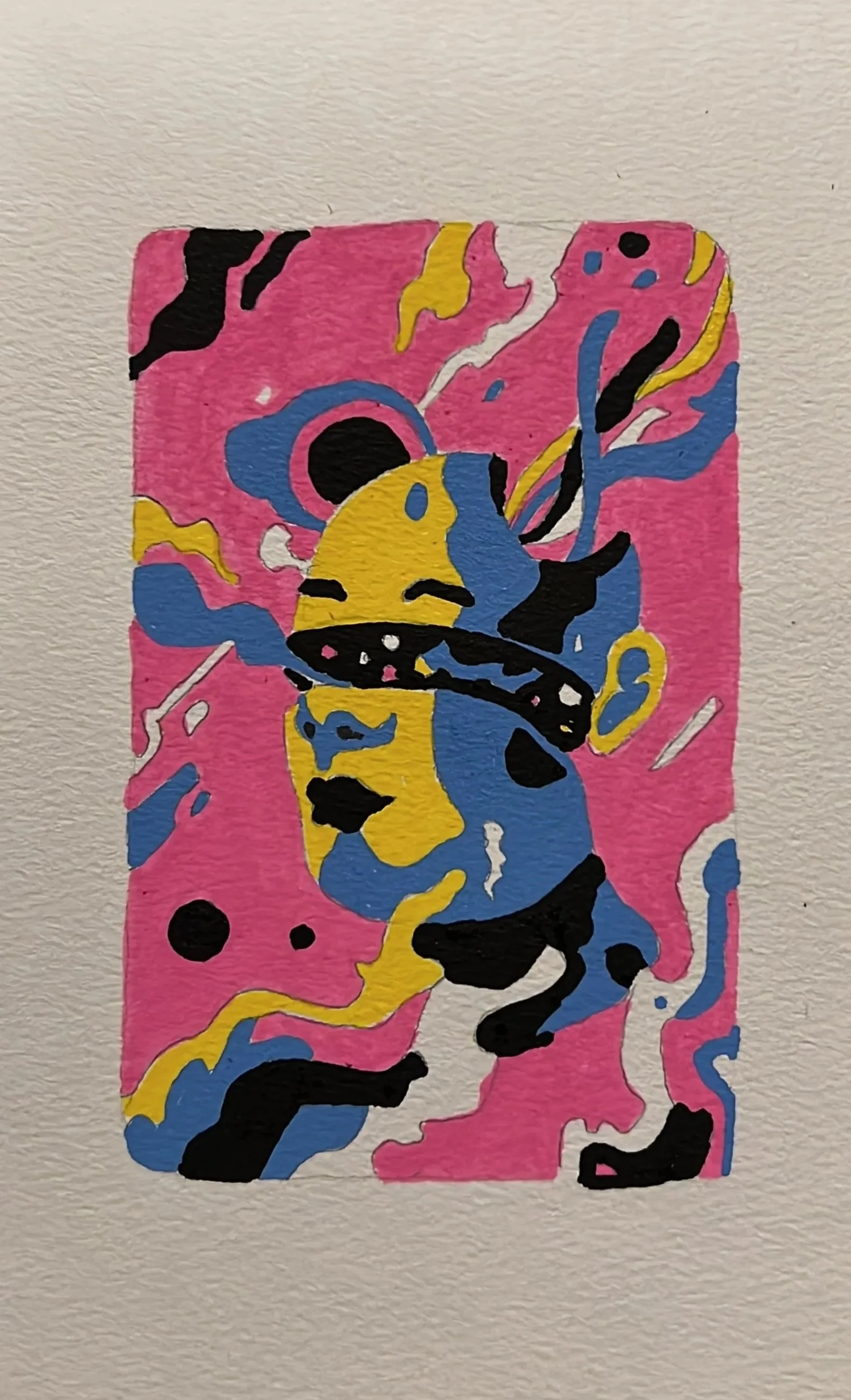 Abstract colorful artwork with pink, yellow, blue, black, and white shapes and patterns.