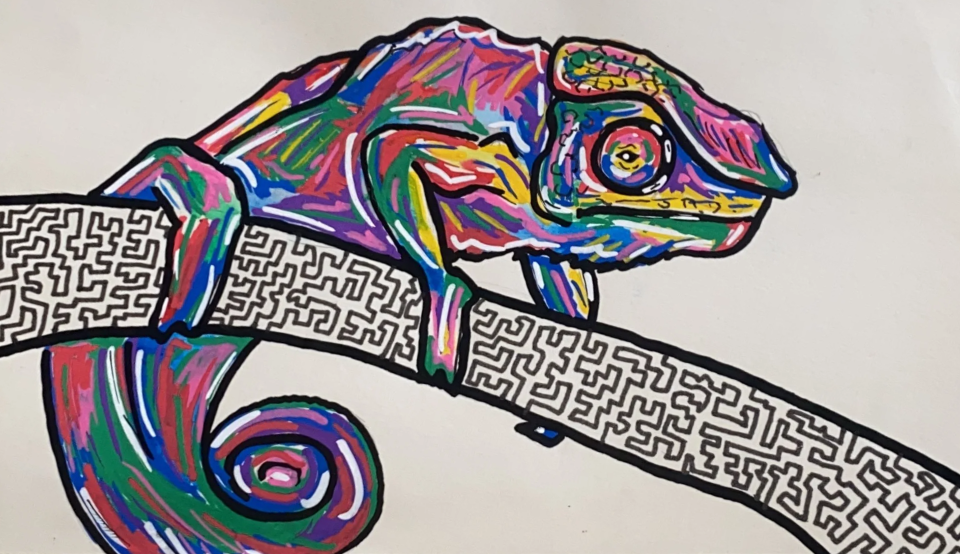 Colorful abstract illustration of a chameleon with rainbow hues, perched on a branch, on white background.