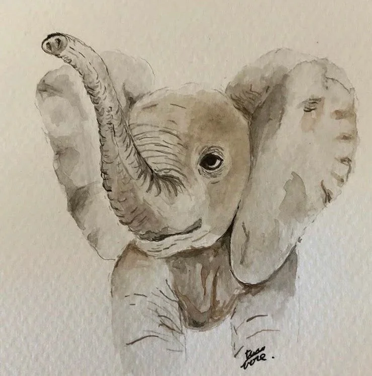 Watercolor painting of a baby elephant with its trunk raised, large ears, and expressive eyes.