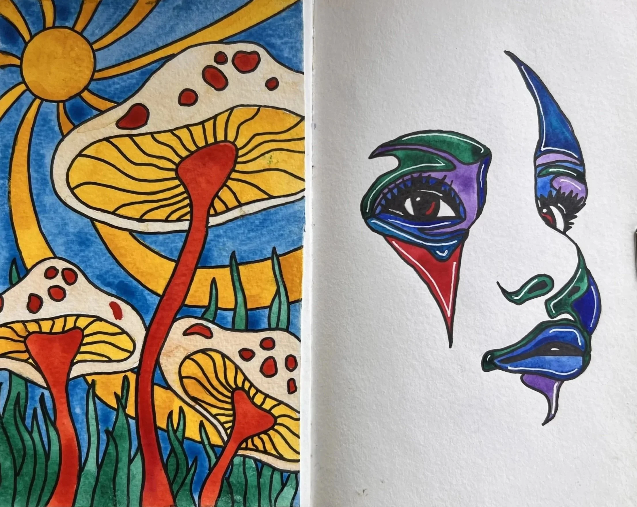 Side-by-side pair of colorful abstract drawings of mushrooms and a snail with vibrant colors and bold outlines.