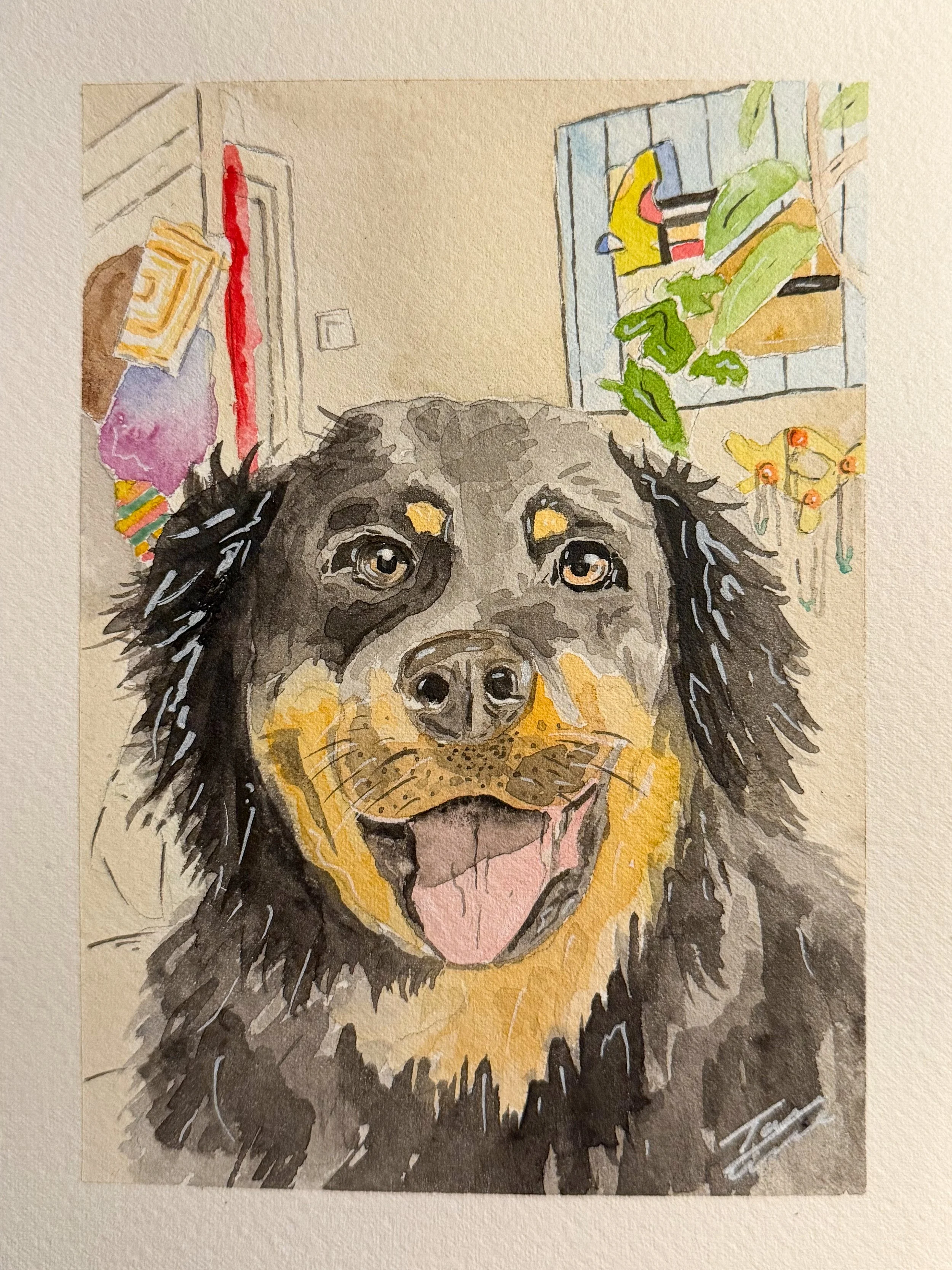 Watercolor painting of a happy dog with brown and black fur, light brown eyes, and a pink tongue, indoors with a window and colorful objects in the background.