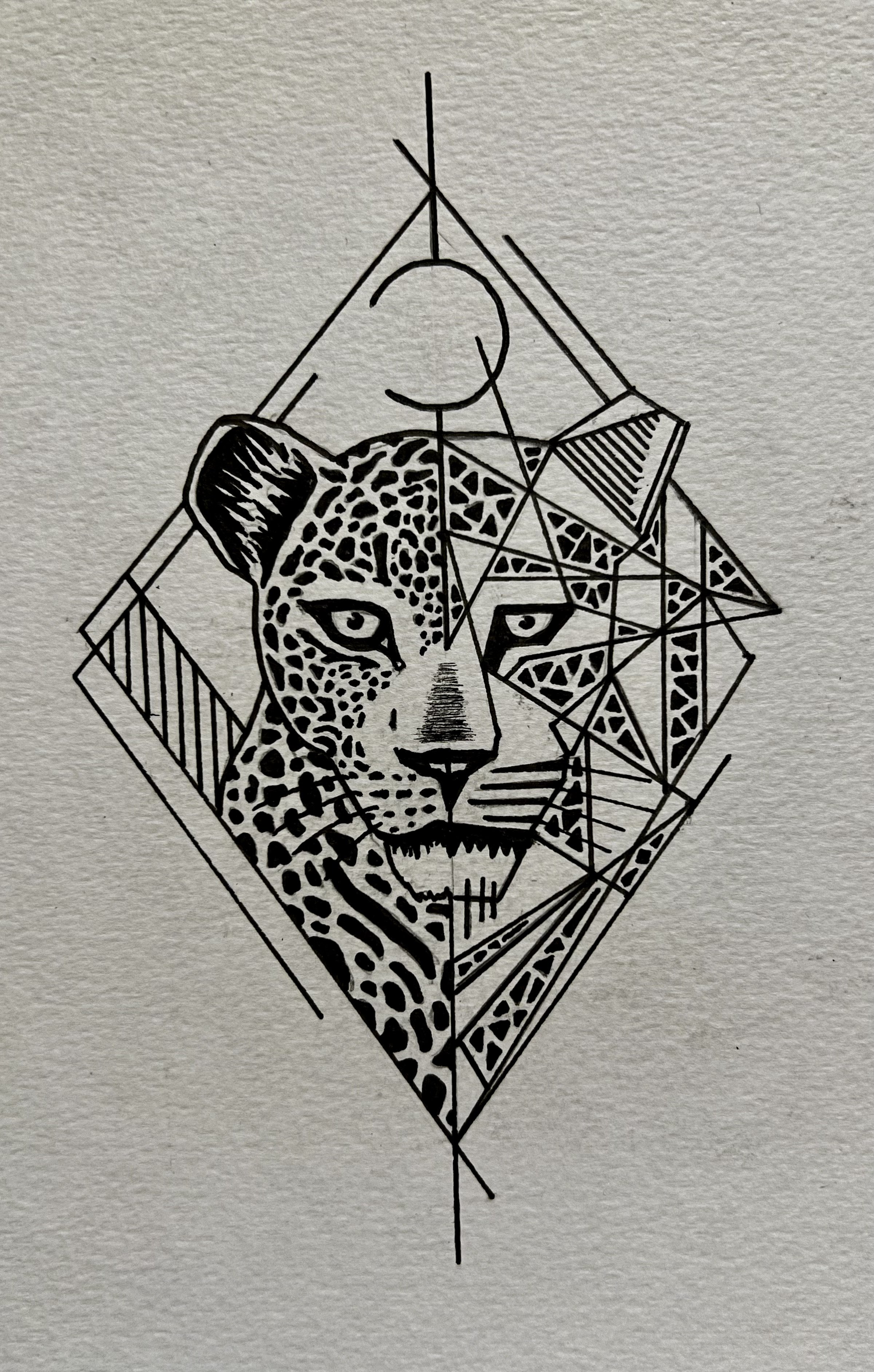Black and white line drawing of a leopard's head and a wolf's head within geometric shapes, including a star and triangles, arranged in an artistic design.