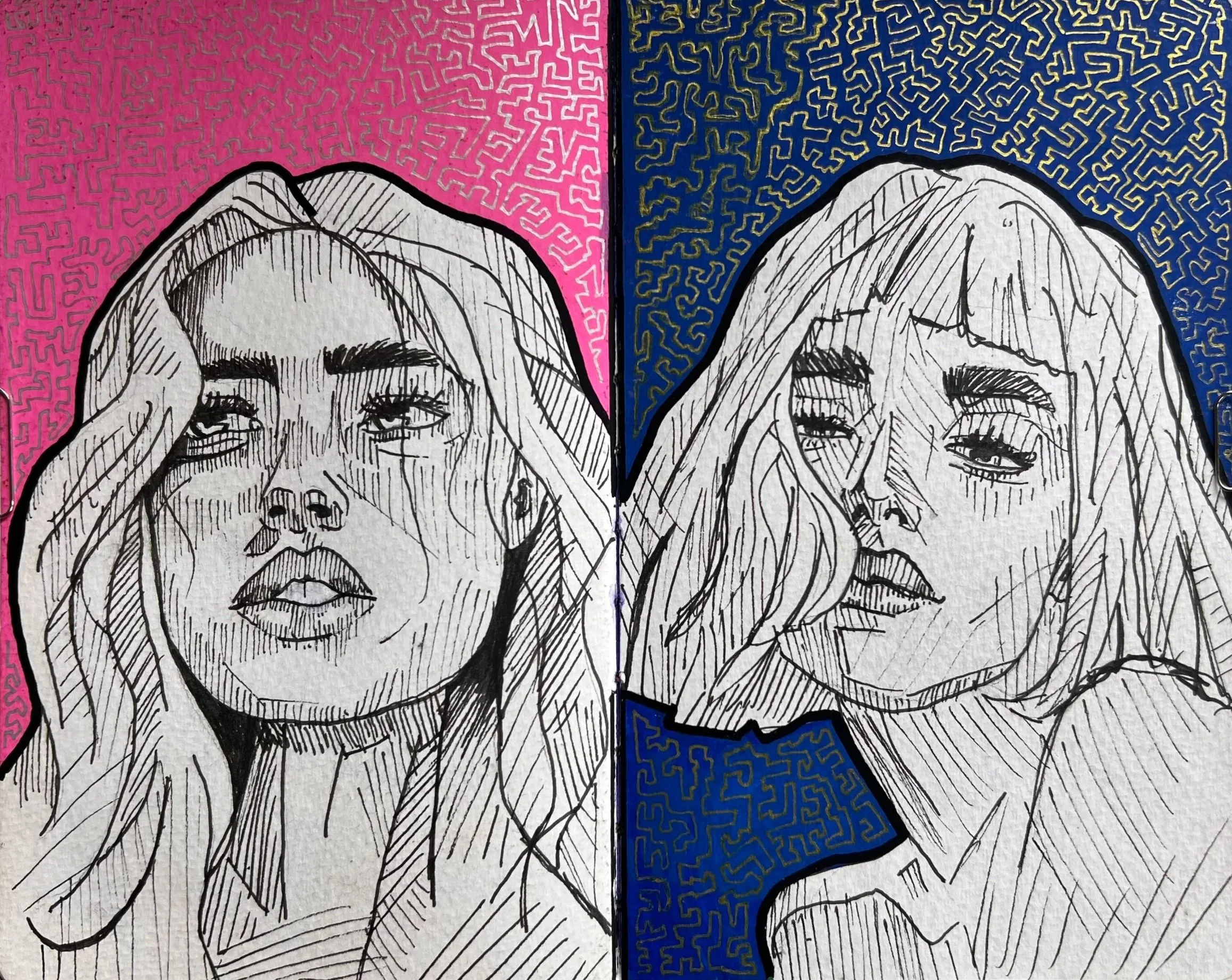 A diptych of two black and white sketches of women with long hair, each holding her forehead with one hand, with colorful backgrounds featuring maze-like patterns; pink on the left and blue on the right.