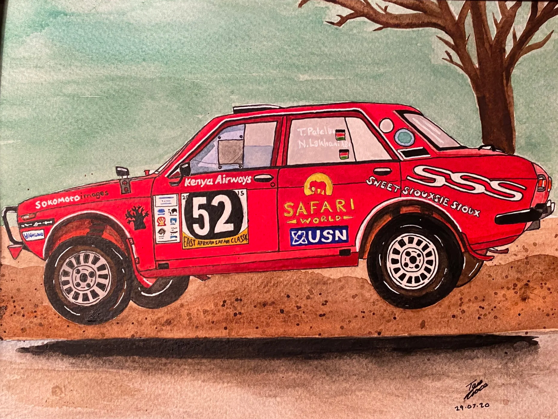 An illustrated red rally car with various sponsor logos and badges, parked on a dirt surface next to a tree, with a green sky background.