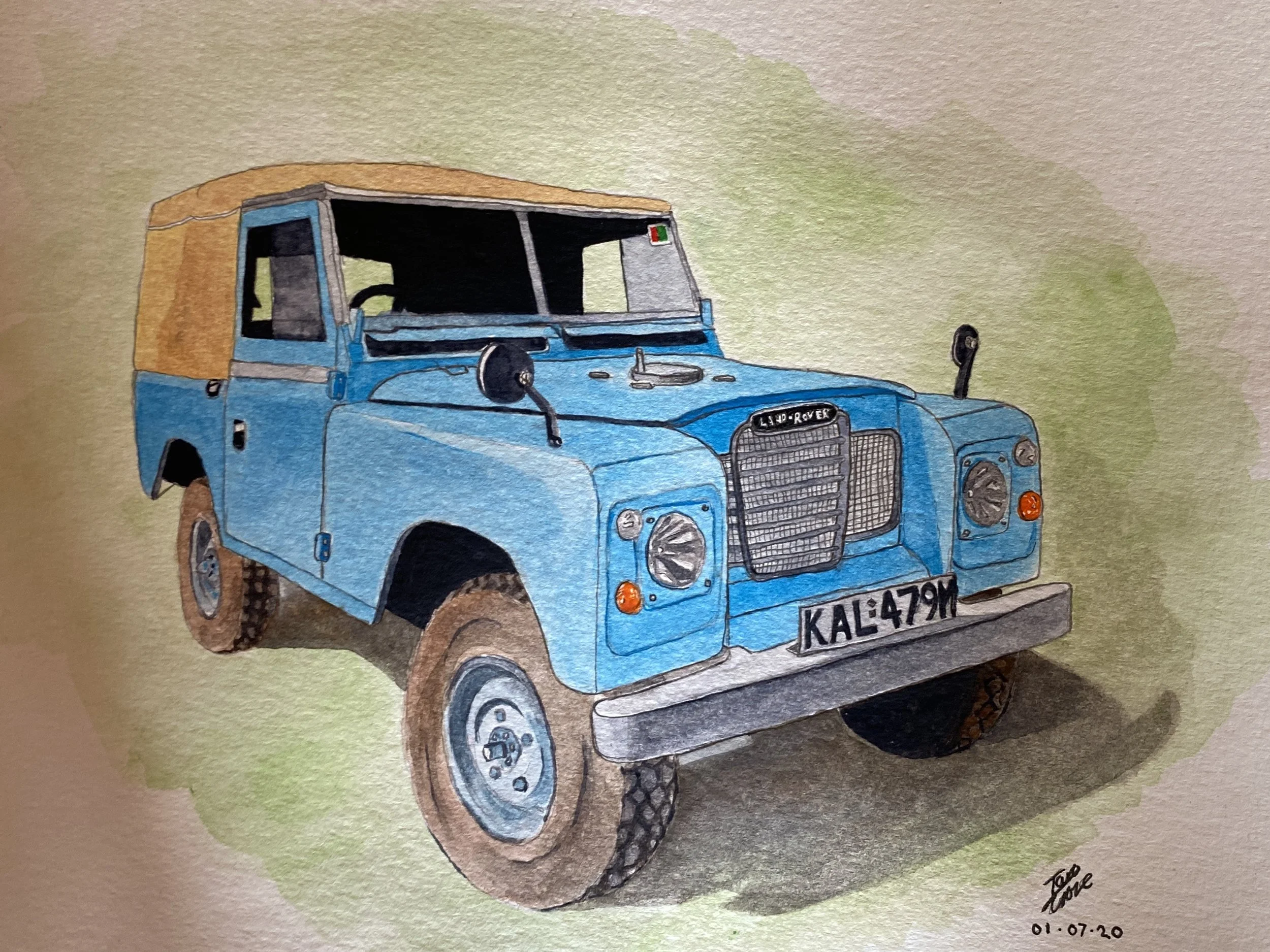 A watercolor painting of a blue vintage Land Rover with a tan soft top, set on a green background. The vehicle's front grille and round headlights are visible, with a license plate reading 'KAL 479M.' The artist's signature and the date '01-07-20' are at the bottom right corner.